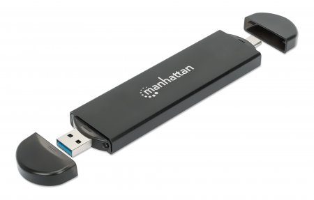 Gabinete USB a SDD M.2 NVMe y SATA, Conector USB-C y USB-A integrado para una conexión de host versátil.
